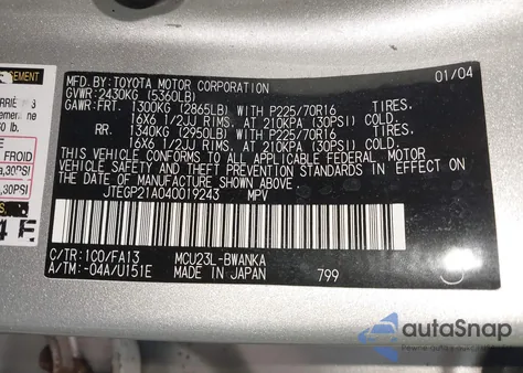 2004 Toyota Highlander V6 z USA, uszkodzony, nr VIN JTEGP21A040019243